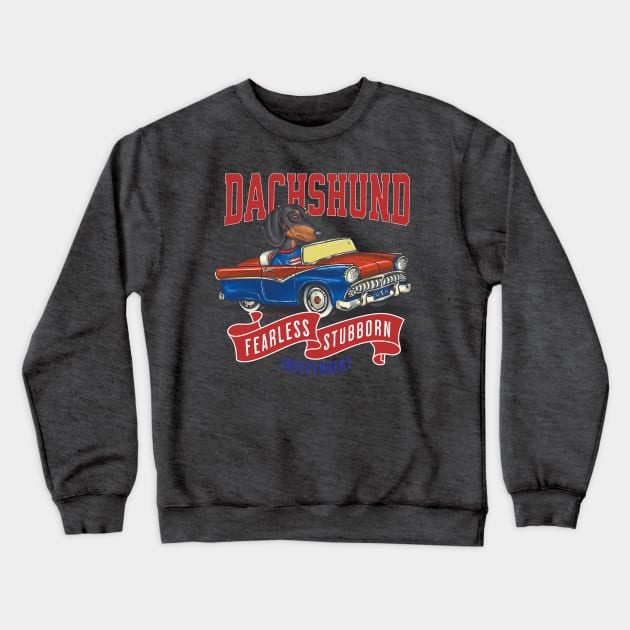 Funny and Cute Doxie Dachshund dog in a classic vintage retro car with red white and blue banner flags Crewneck Sweatshirt by Danny Gordon Art